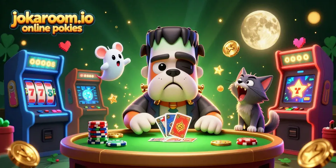 Enjoy thrilling jokaroom.io online pokies with vibrant 3D characters at a spooky casino table.