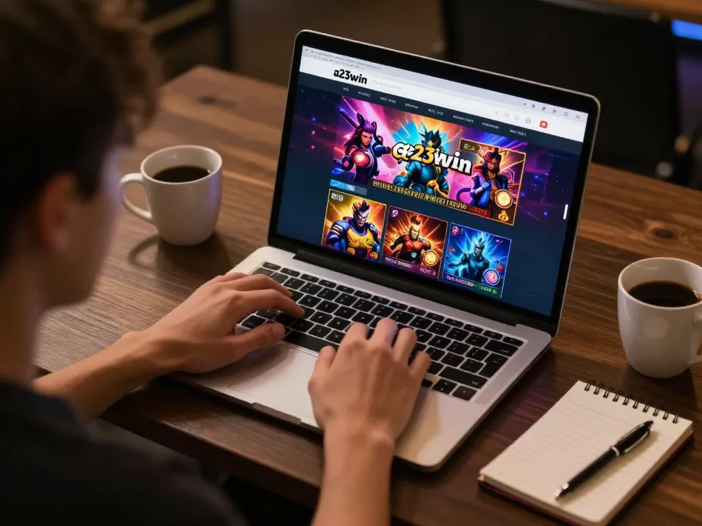 Engaging scene of online player exploring a23win com gaming platform on laptop, showcasing live auction.
