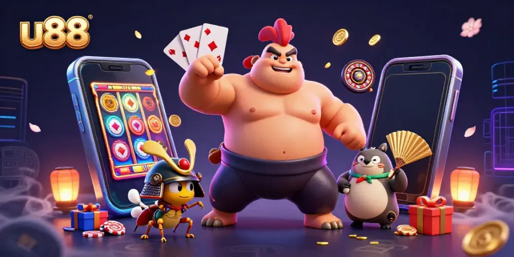 Experience the excitement of u88 with a dynamic 3D cartoon scene of casino elements and engaging characters.