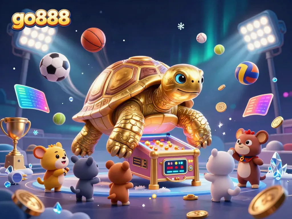 Experience thrilling gameplay at go888 with a dynamic scene of cartoon characters, sports elements, and magical visuals.