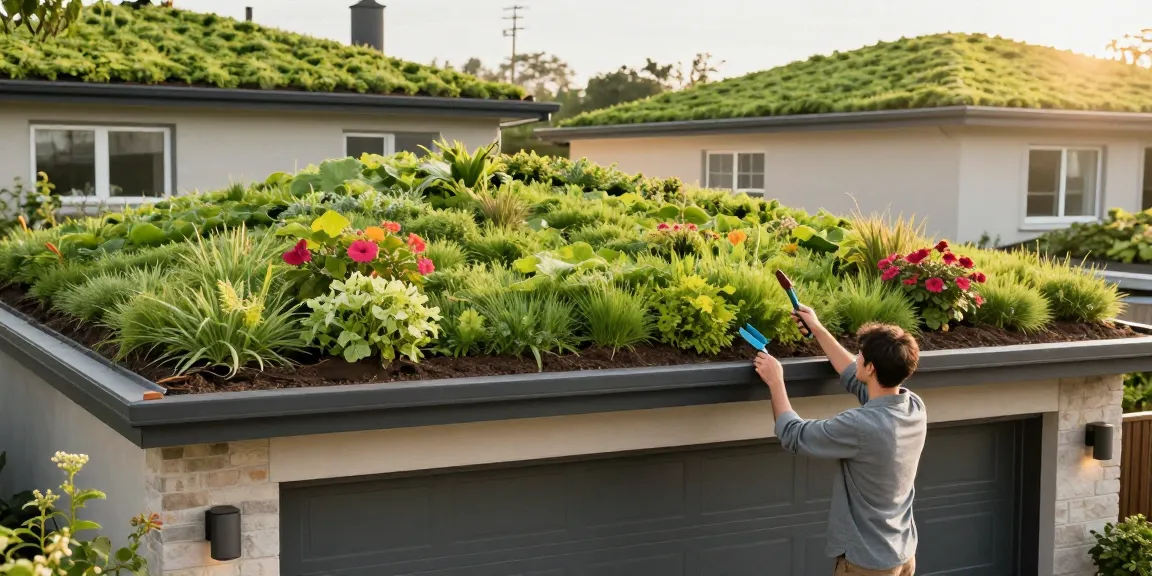groen dak garage met levendige sedumvegetatie, huiseigenaar die tuiniert, eco-vriendelijk huisverbetering