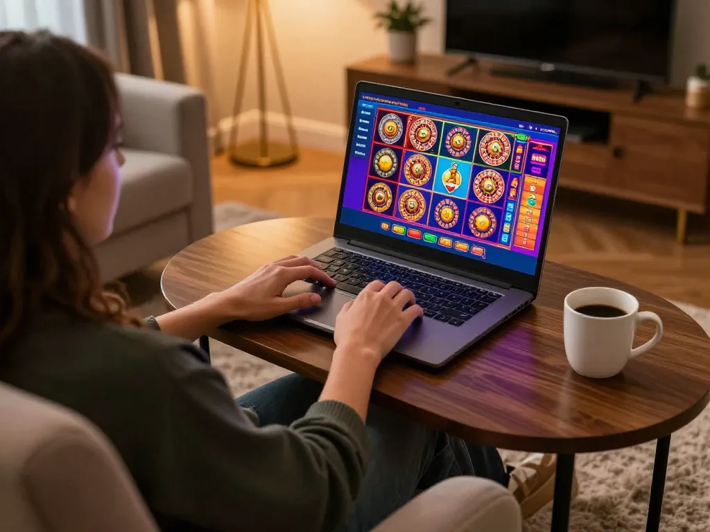 Engaging in online gaming at home with qq88ae, showcasing various gambling games on a laptop.