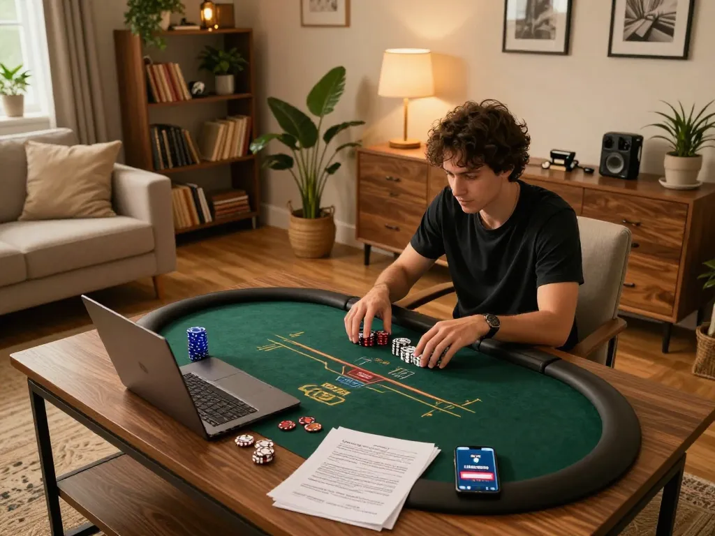 vin88 player engaging in online poker at home, showcasing a strategic gaming environment