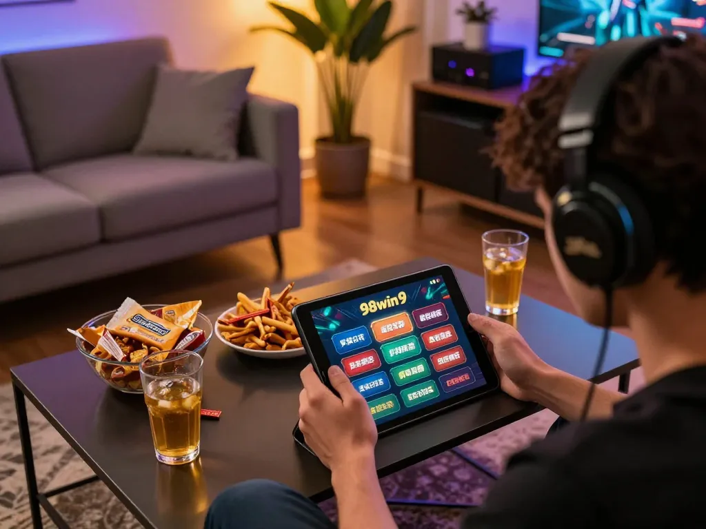 Engaged player enjoying online gaming experience on 98win9 app in a cozy home setting.