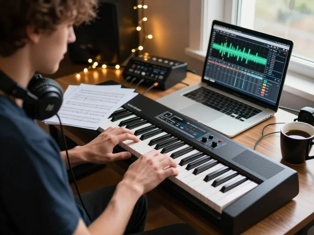 Dynamic musician playing the VK88 organ in a creative home studio environment with warm lighting and music production tools.