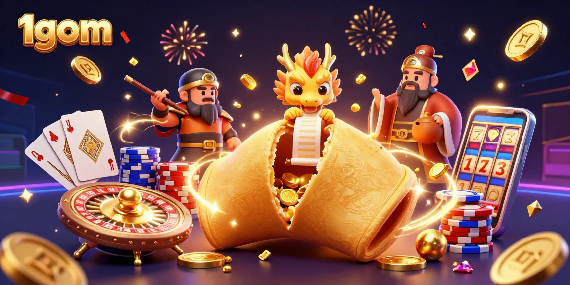 Engage in strategic betting with 1gom, showcasing a dynamic scene of fortune cookies and golden treasures.