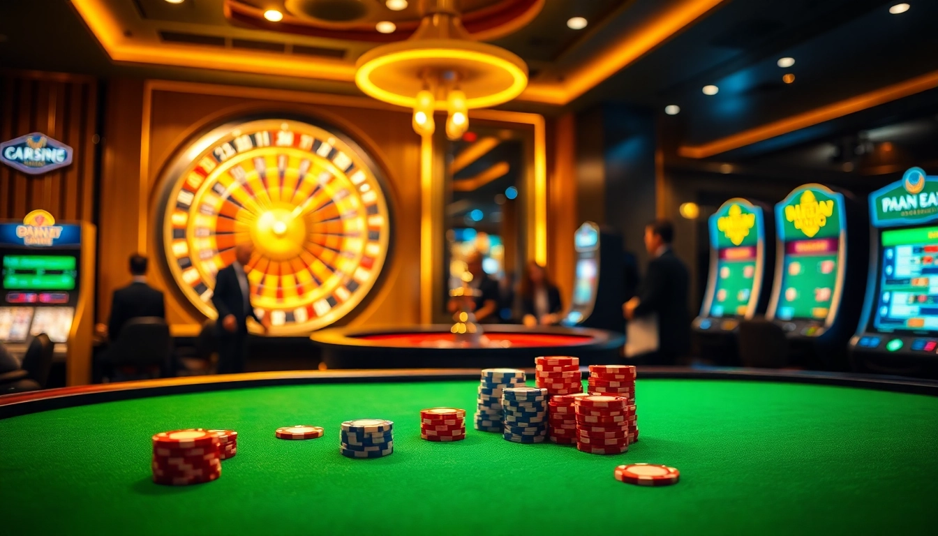Exciting gambling scene at trang chủ luck8 featuring poker, roulette, and flashing slot machines.