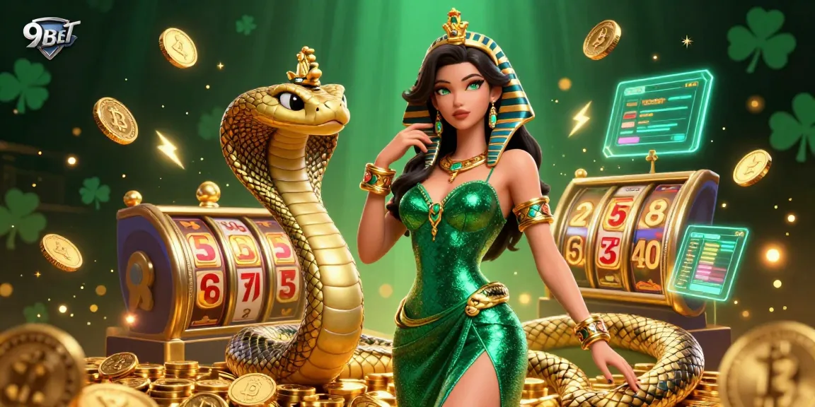 Experience gaming excitement with 9BET featuring a glamorous woman and golden cobra in a vibrant casino scene.