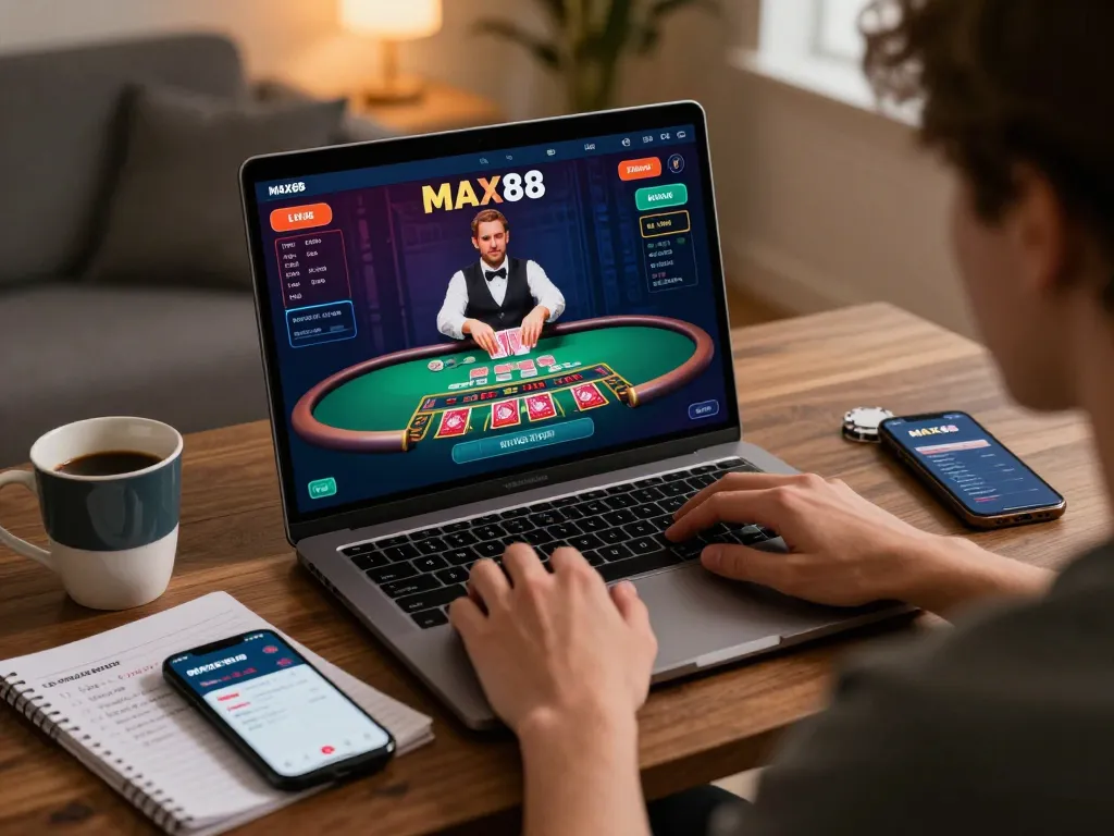 Engaging scene of a user playing blackjack on MAX88s at home with live dealer visible on screen.