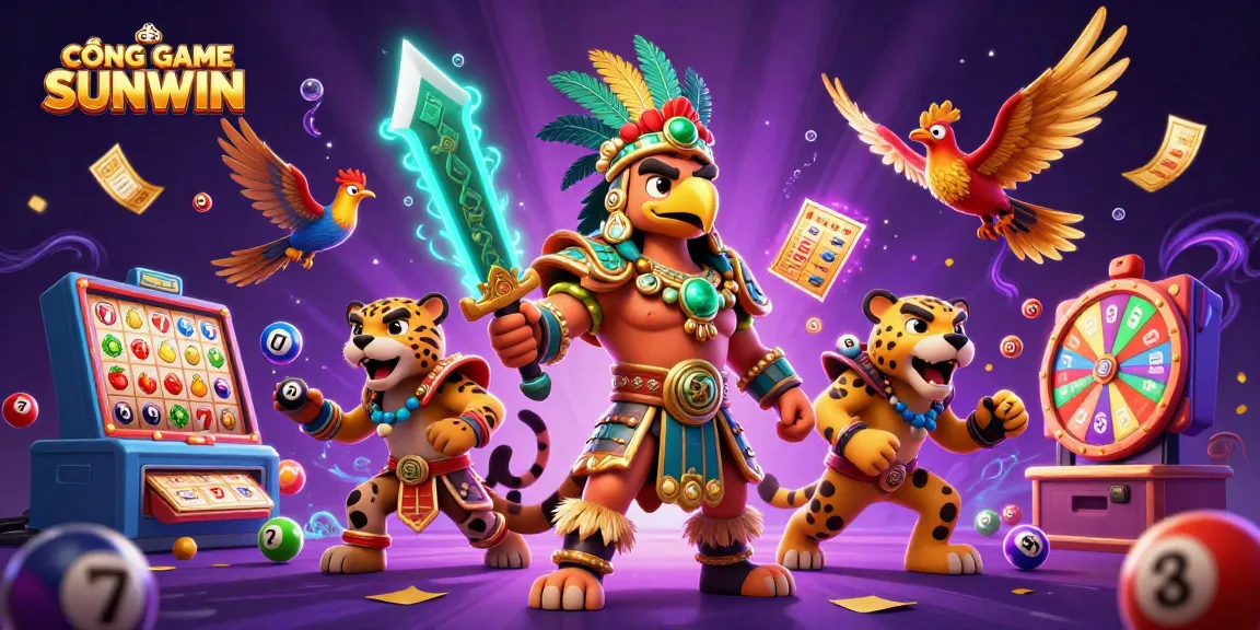 CỔNG GAME SUNWIN offers engaging dynamic gameplay with colorful lottery balls and vibrant slot reels in an exciting casino scene.