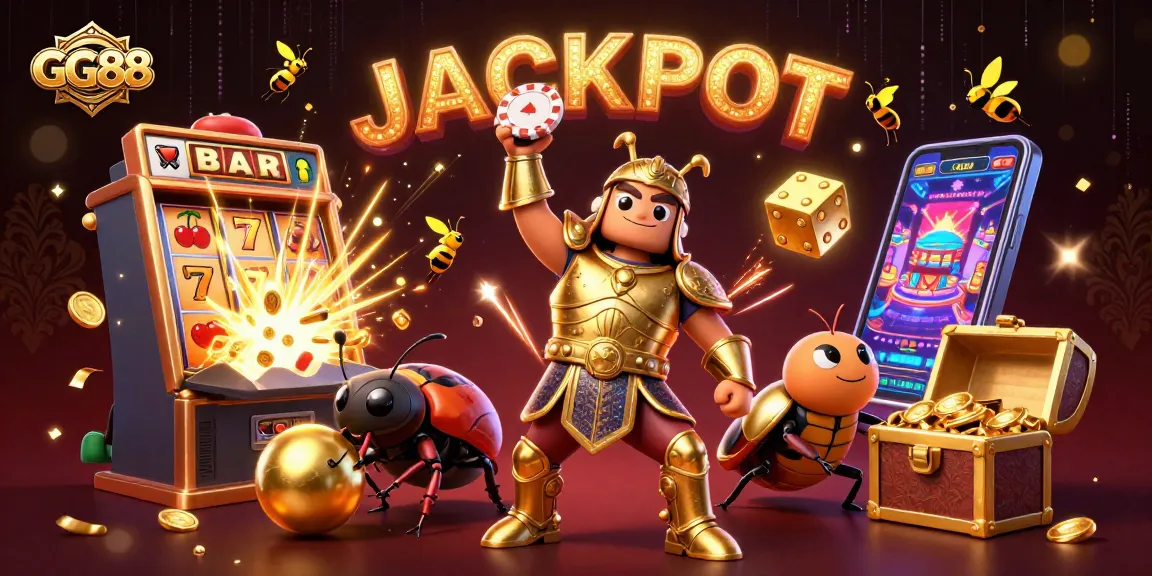 Play to win big with GG88: A vibrant 3D casino scene featuring animated characters celebrating a jackpot.