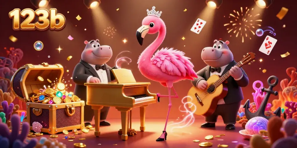 Engage with vibrant casino excitement featuring a flamingo and hippo surrounded by treasures and playing cards at 123b.