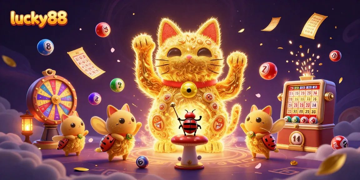Engage with lucky88's vibrant lottery-themed scene, featuring a lucky cat and dynamic casino elements.