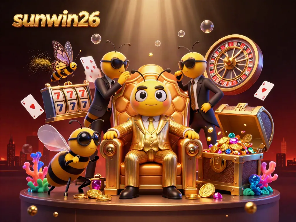 Engage in thrilling moments at sunwin26 with a vibrant 3D illustration featuring gambling elements and characters.