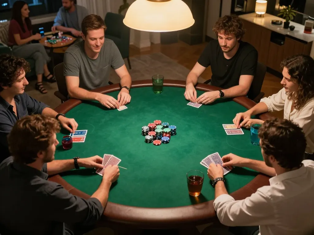 uu88 players enjoying a lively home poker night, focused on strategic gameplay and camaraderie.