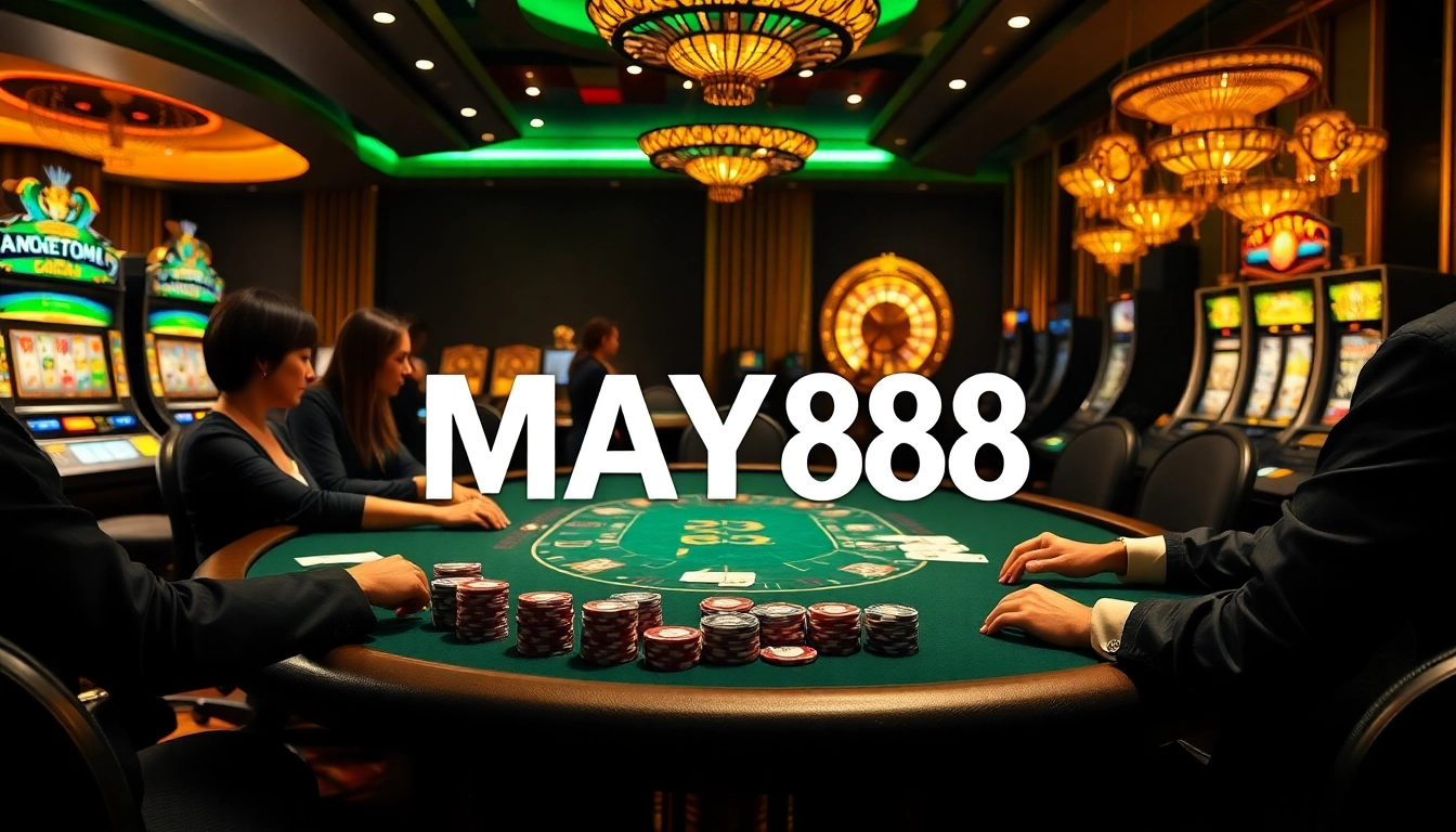 MAY88 poker table with vibrant chips, cards, and an engaging ambiance for enthusiasts.
