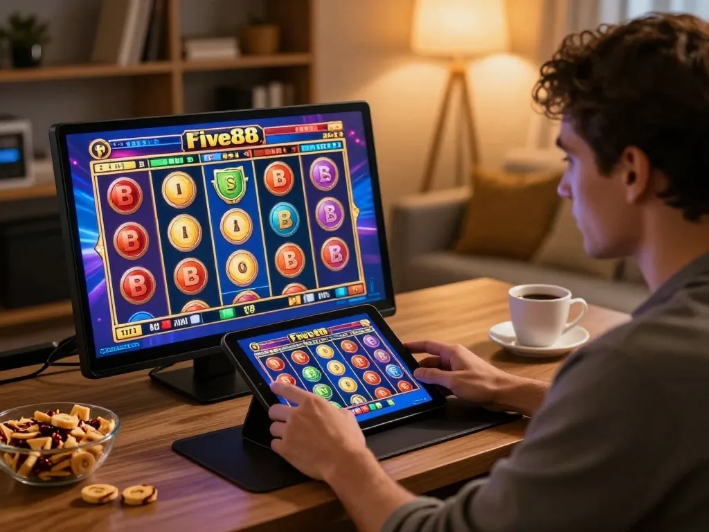 Engaging in Quay số five88 online slots, player at home enjoying a colorful gaming session.