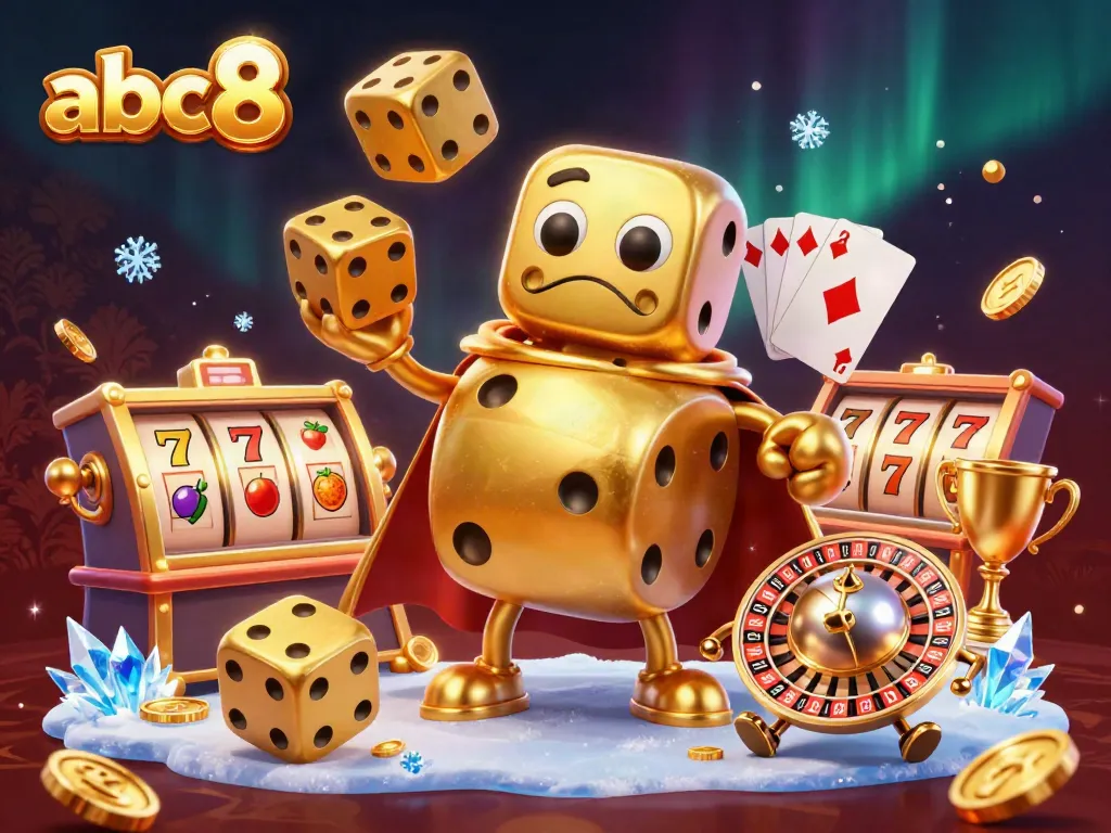 Experience the thrill at abc8 casino with a playful golden dice golem juggling winnings in a vibrant setting.