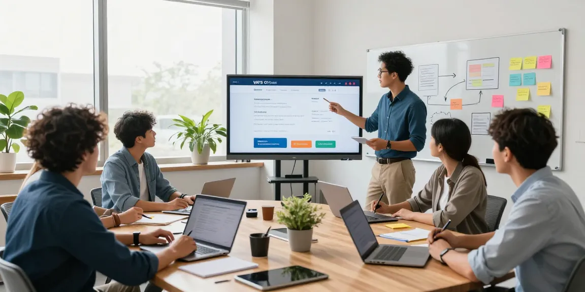 Team collaborating at a vibrant office, showcasing the WPS Official Website on digital devices for enhanced productivity.
