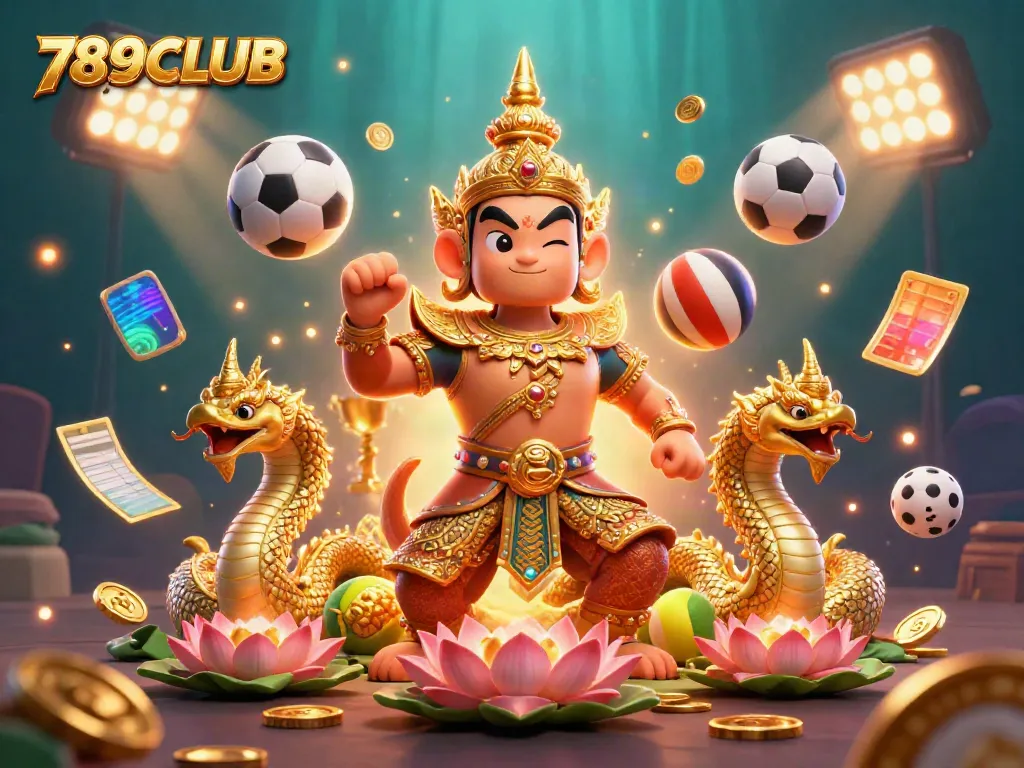 Experience the vibrant energy of 789CLUB with a majestic guardian, sports elements, and golden treasures.