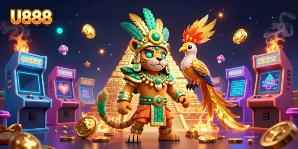 Experience winnings at U888 with a colorful casino-themed 3D illustration featuring vibrant characters and gaming elements.
