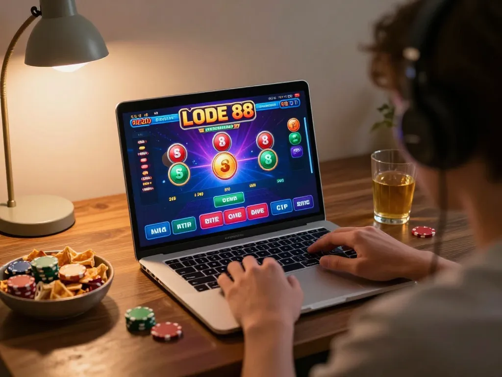 Engaging player using LODE 88 platform to place bets from home in a cozy setting