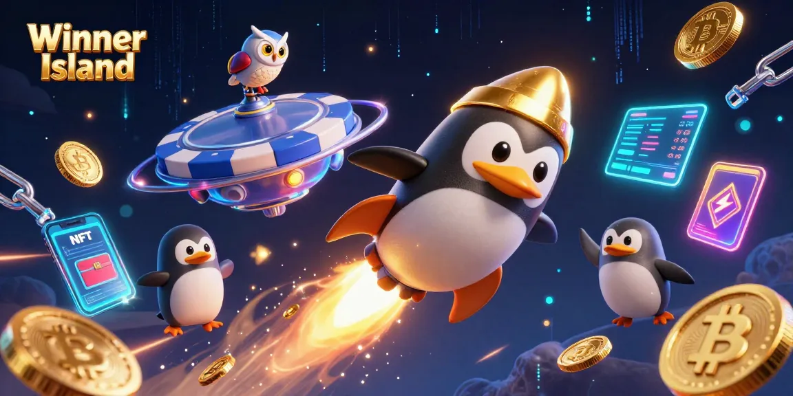 Win big with the Winner Island casino penguin soaring through a crypto-themed cosmos, surrounded by vibrant gaming elements.