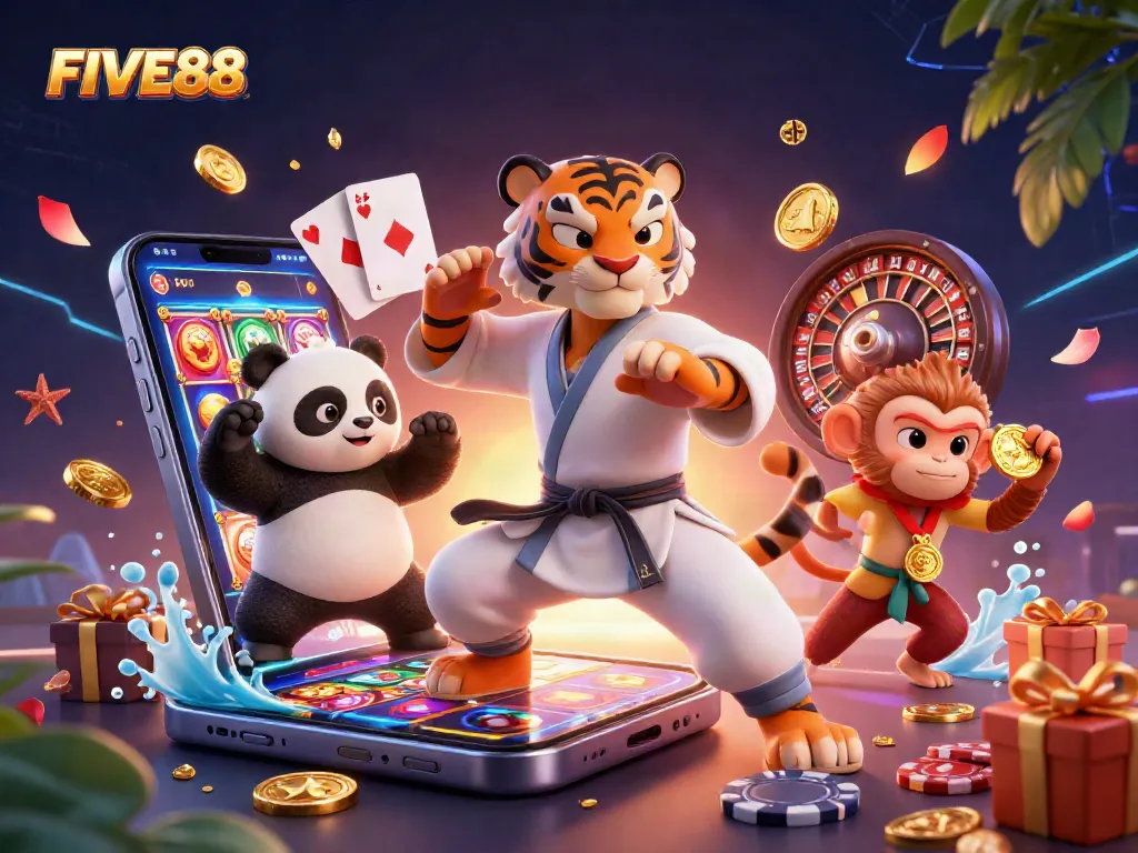 Engage in FIVE88's enchanting world as a kung fu tiger, panda, and monkey reveal thrilling slot games.