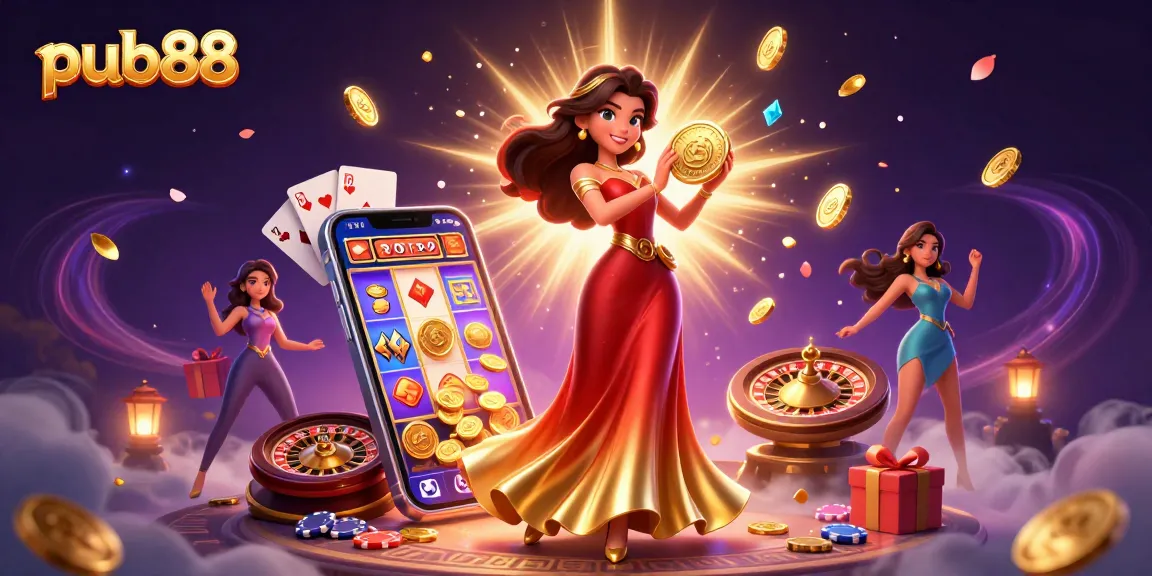 Experience thrilling jackpots at pub88 with an elegant Asian woman holding a golden coin surrounded by casino elements.