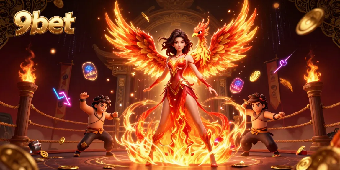 Experience the thrill of betting at 9bet with a stunning illustration of a fiery phoenix and a beautiful woman symbolizing good fortune.