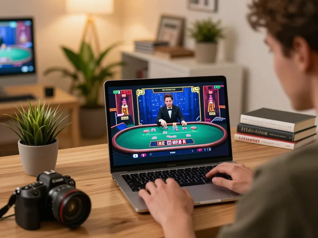 Người chơi LUCK8 tham gia blackjack trực tiếp trên laptop, thể hiện một môi trường chơi chiến lược