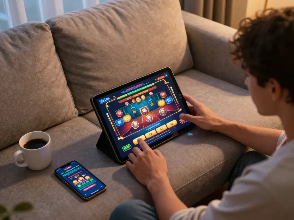 one88 player enjoying live dealer game on tablet in cozy home setup, showcasing online gambling excitement.