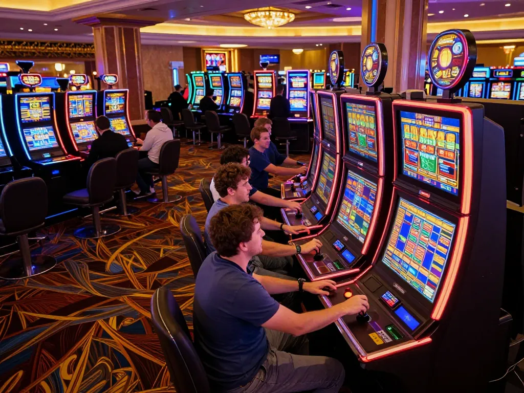 Engaged players spinning the reels at cm88 slot machines in a vibrant casino atmosphere.