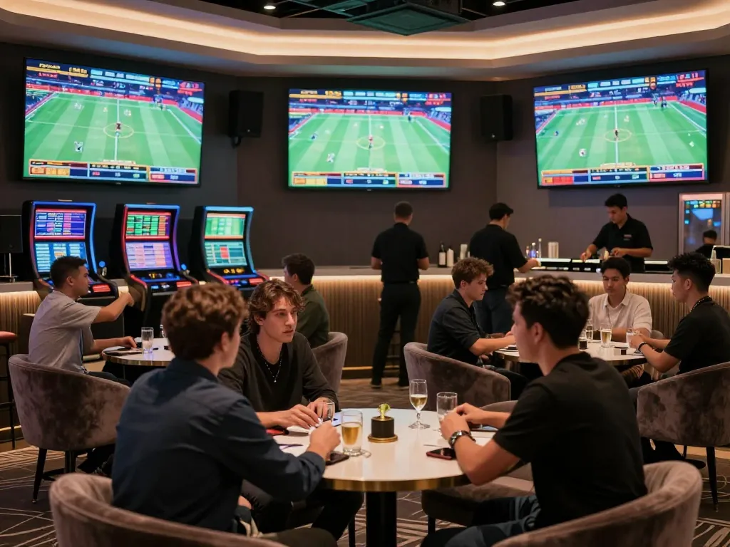 Exciting sports betting action at the ALO8 center, enthusiastic bettors engaging around large screens