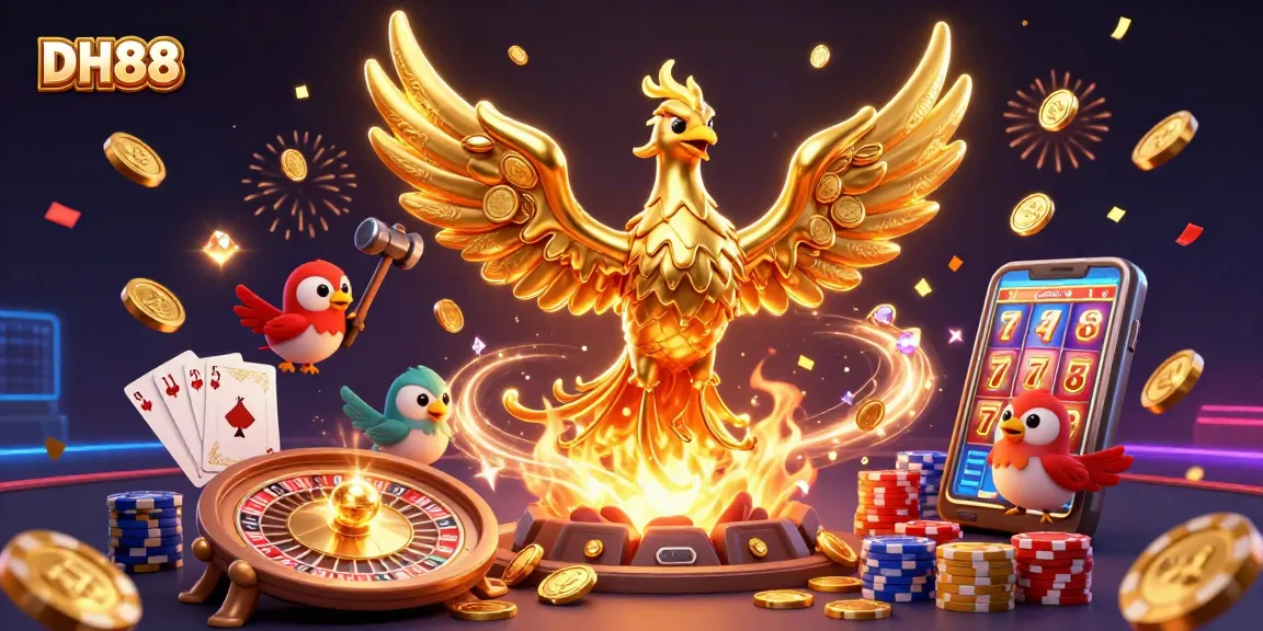 Engage with DH88's vibrant online casino scene featuring a golden phoenix and dynamic gaming elements.