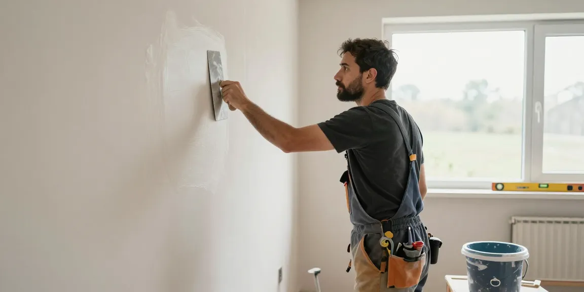 Expert stukadoor die pleister aanbrengt in een heldere woningrenovatie, vakmanschap demonstrerend.