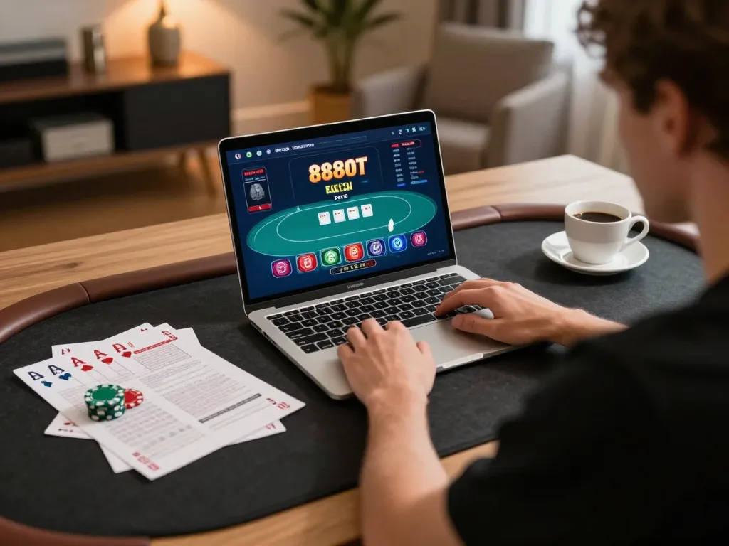 Player engaged in poker gameplay at 888slot utilizing strategy notes in a cozy home setting.