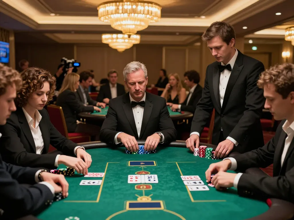 Nohu90 poker players engaged in thrilling gameplay at a high-stakes table under elegant lighting.
