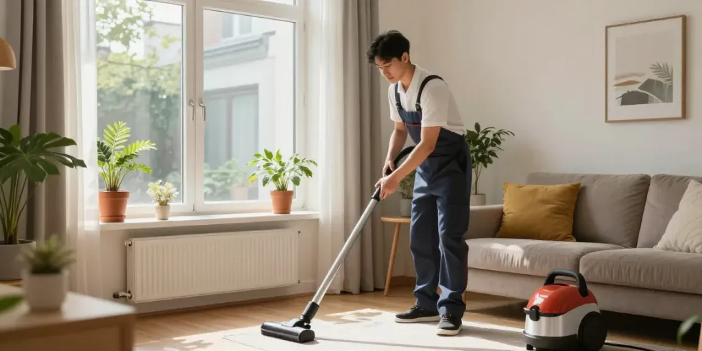 Schoonmaakservice Amsterdam in een gezellige woonkamer met een professionele schoonmaker die stofzuigt.