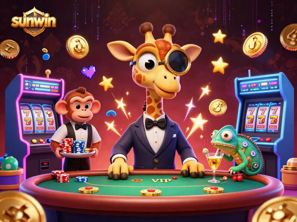 sunwin high-roller giraffe enjoying poker with vibrant game elements, capturing casino excitement