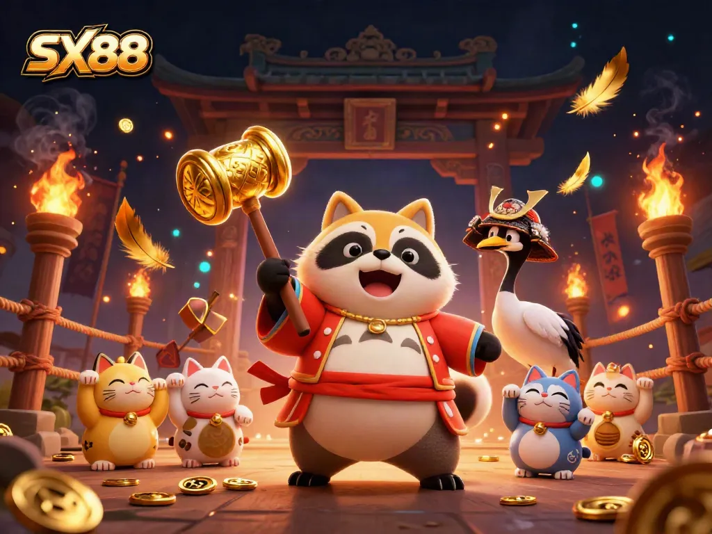 SX88's cheerful tanuki and crane celebrate luck, surrounded by vibrant casino elements.