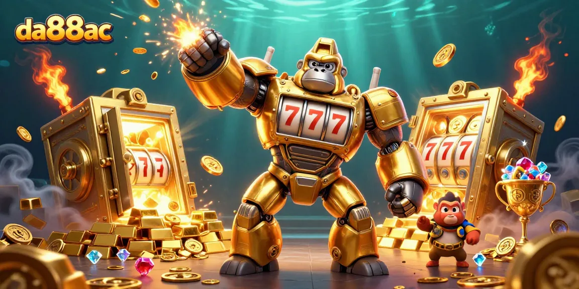 Engage with da88ac's thrilling casino adventure featuring a golden gorilla mech bursting with coins.