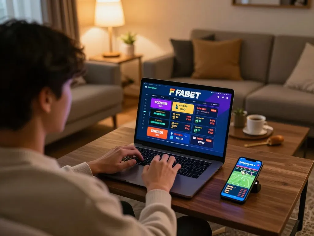 Engaging in online gaming at FABET with a detailed betting interface in a cozy living room