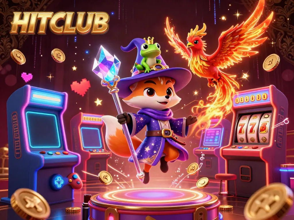 Engage with HITCLUB's thrilling gaming experience amidst dynamic 3D casino elements.