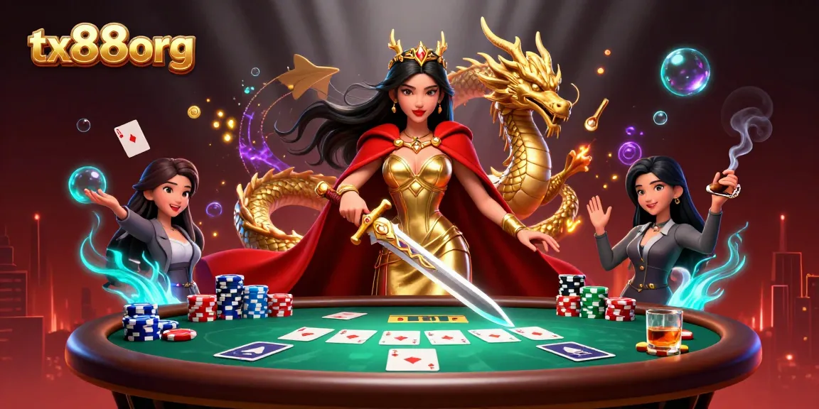 Engage in gambling fun at tx88org with a stunning casino queen and golden dragon illustration.