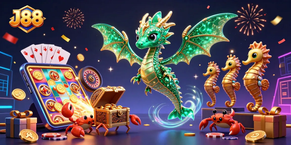 Experience excitement with J88 in a vibrant, immersive casino scene featuring sea dragon and slot game elements.
