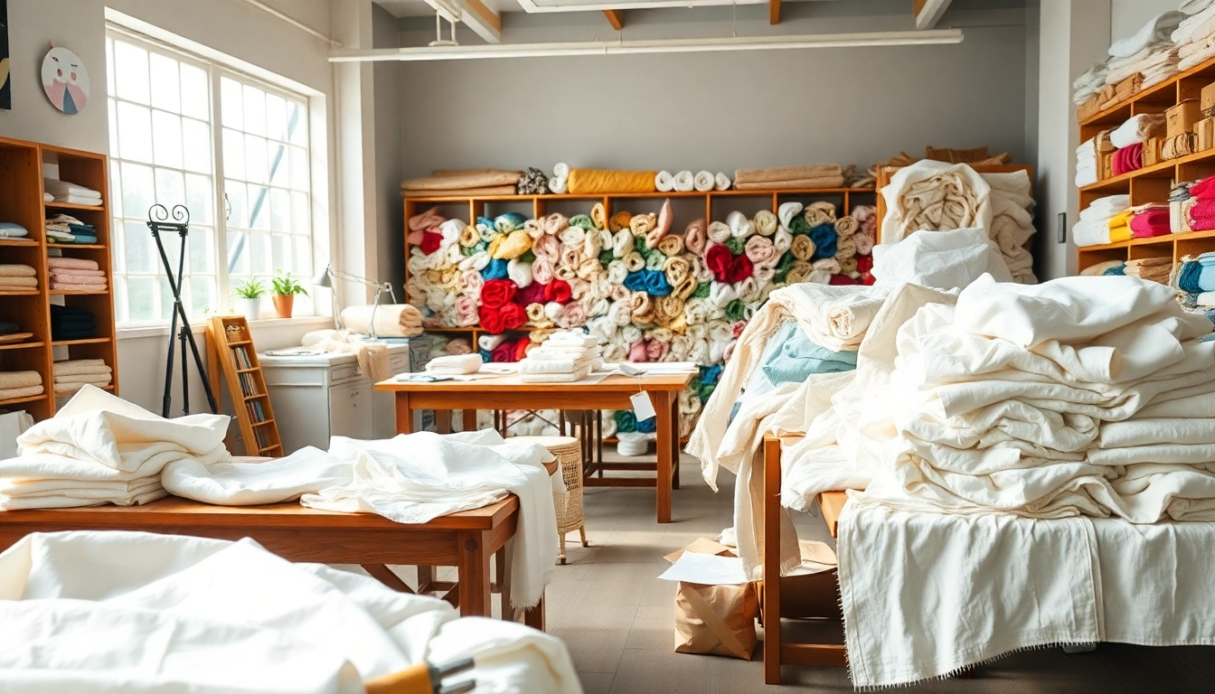 Katoen stof per meter in een creatief textielatelier met verschillende stoffen en crafting tools.