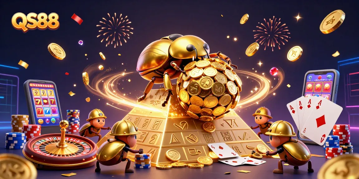 Experience the thrilling world of QS88 as massive golden beetles roll in casino-themed chaos.