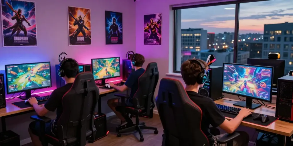 rokok88 daftar - Engaging online gaming community scene with gamers at stylish desks in a vibrant room.