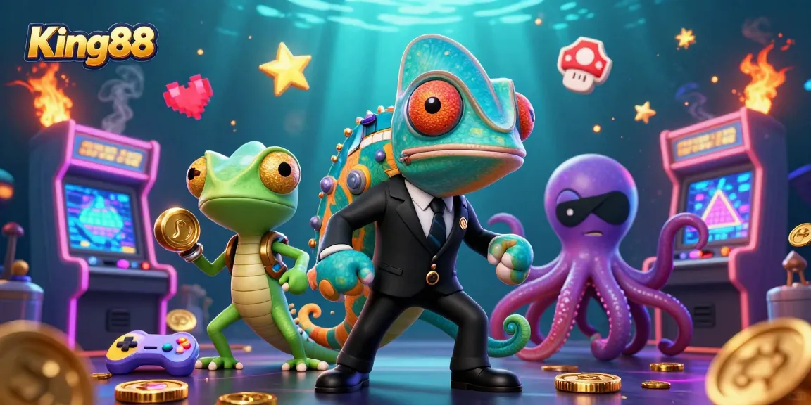 Experience the excitement of King88 with dynamic gaming elements and intriguing characters in a casino scene.